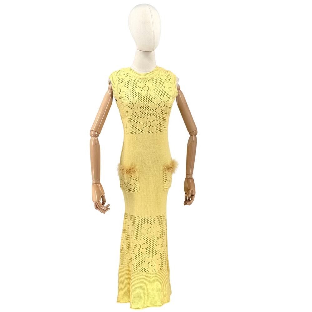 Anewsta Pastel Yellow Feather Trim Pocket Mermaid Knit Sleeveless Dress